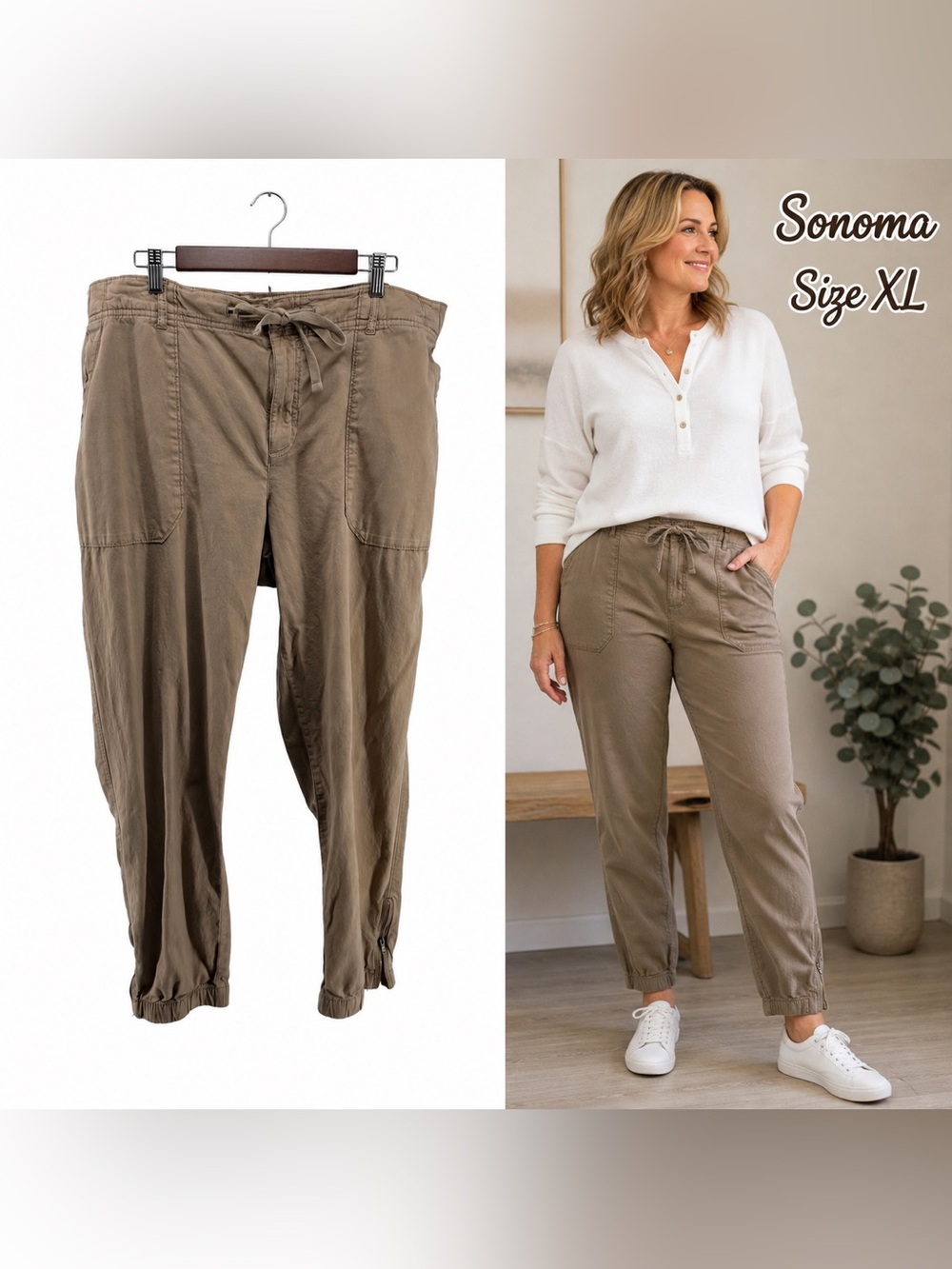 Sonoma Goods For Life Women’s XL Khaki Jogger Pants Pull On Ankle Zip Stretch